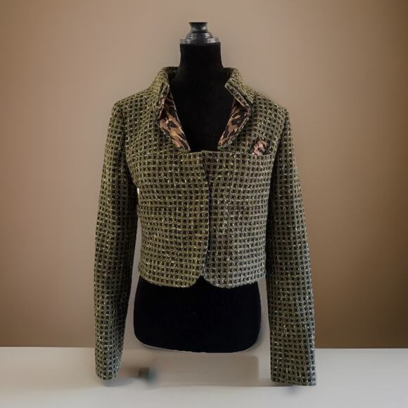 Carlisle Tweed Cropped Blazer 6 Green Black Leopard Statement Jacket Office Chic - Picture 1 of 13